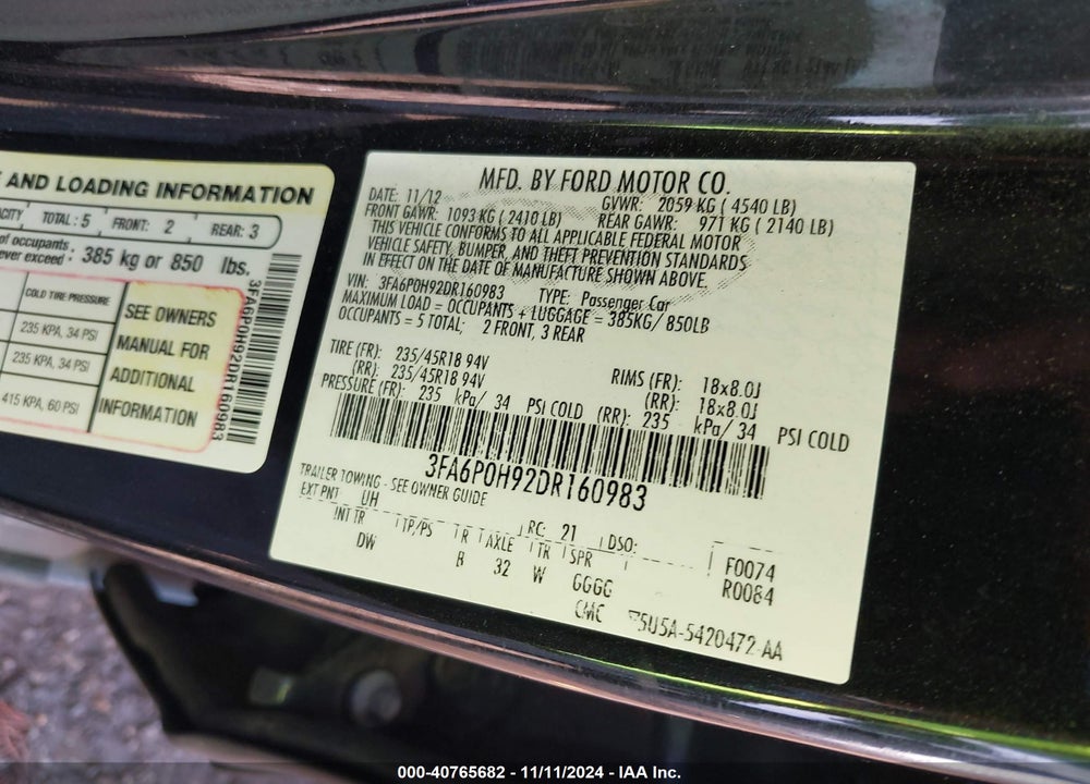 2013 FORD FUSION SE VIN: 3FA6P0H92DR160983