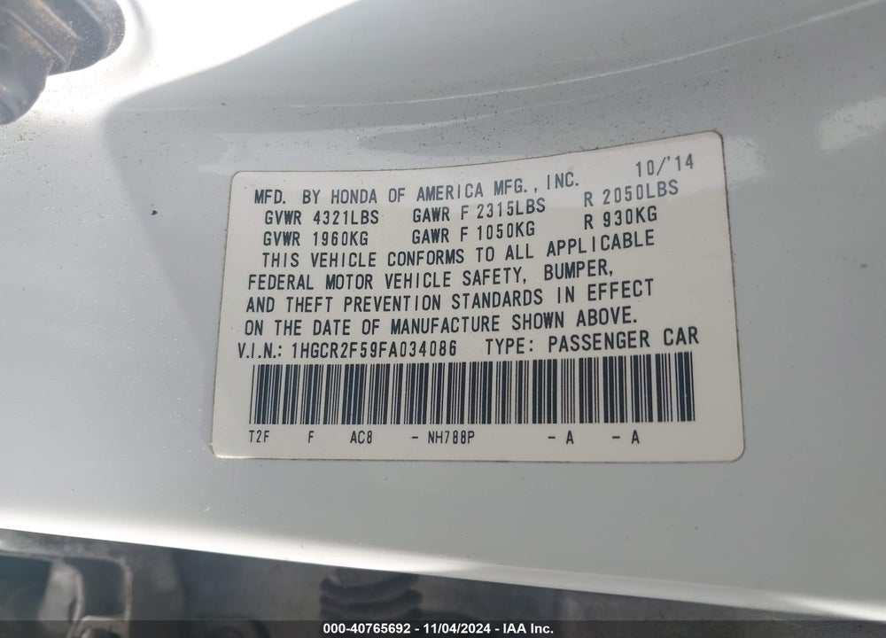 2015 HONDA ACCORD SPORT VIN: 1HGCR2F59FA034086