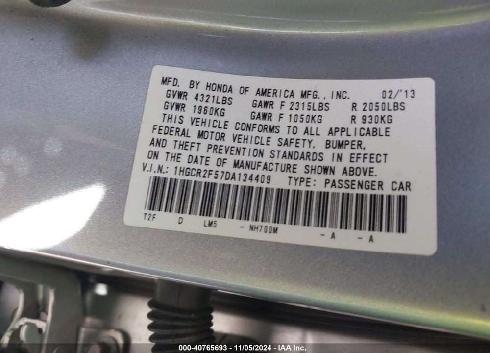 2013 HONDA ACCORD SPORT VIN: 1HGCR2F57DA134409