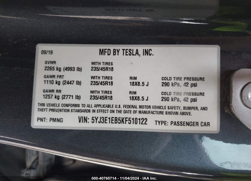 2019 TESLA MODEL 3 LONG RANGE/PERFORMANCE VIN: 5YJ3E1EB5KF510122