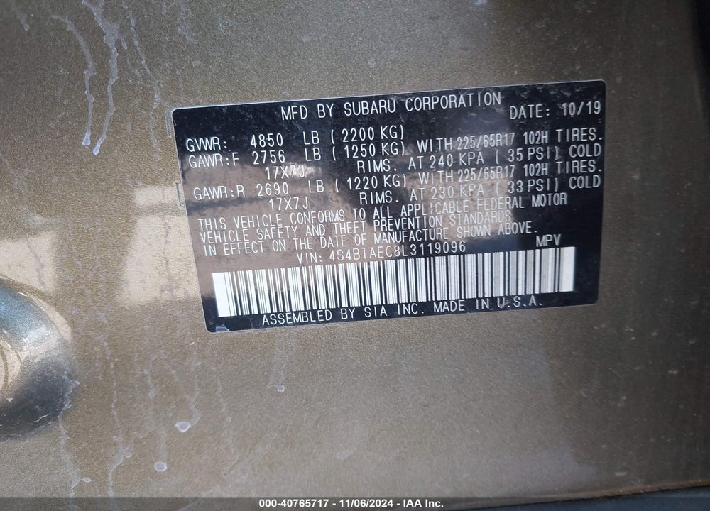 2020 SUBARU OUTBACK PREMIUM VIN: 4S4BTAEC8L3119096