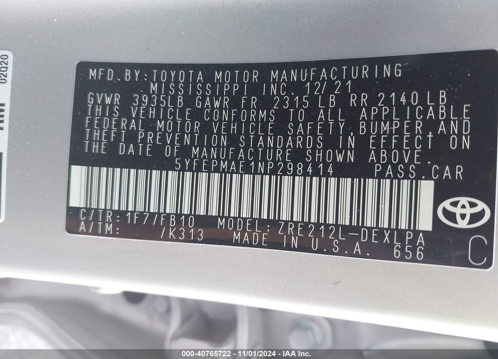 2022 TOYOTA COROLLA LE VIN: 5YFEPMAE1NP298414