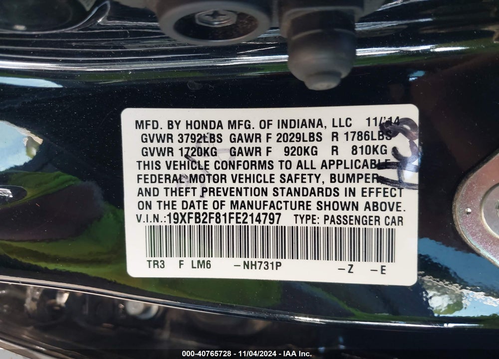 2015 HONDA CIVIC EX VIN: 19XFB2F81FE214797