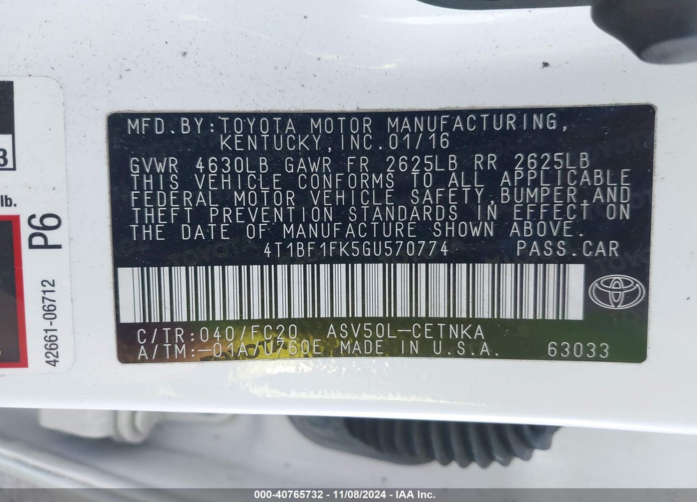 2016 TOYOTA CAMRY LE VIN: 4T1BF1FK5GU570774