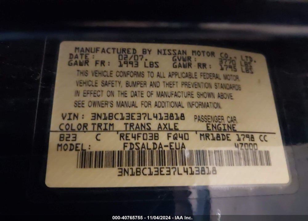 2007 NISSAN VERSA 1.8S VIN: 3N1BC13E37L413818