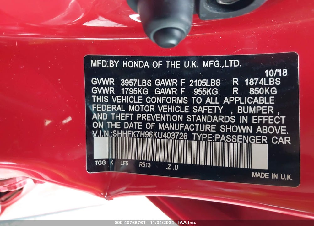 2019 HONDA CIVIC SPORT TOURING VIN: SHHFK7H96KU403726