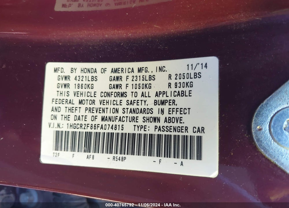 2015 HONDA ACCORD VIN: 1HGCR2F86FA074815