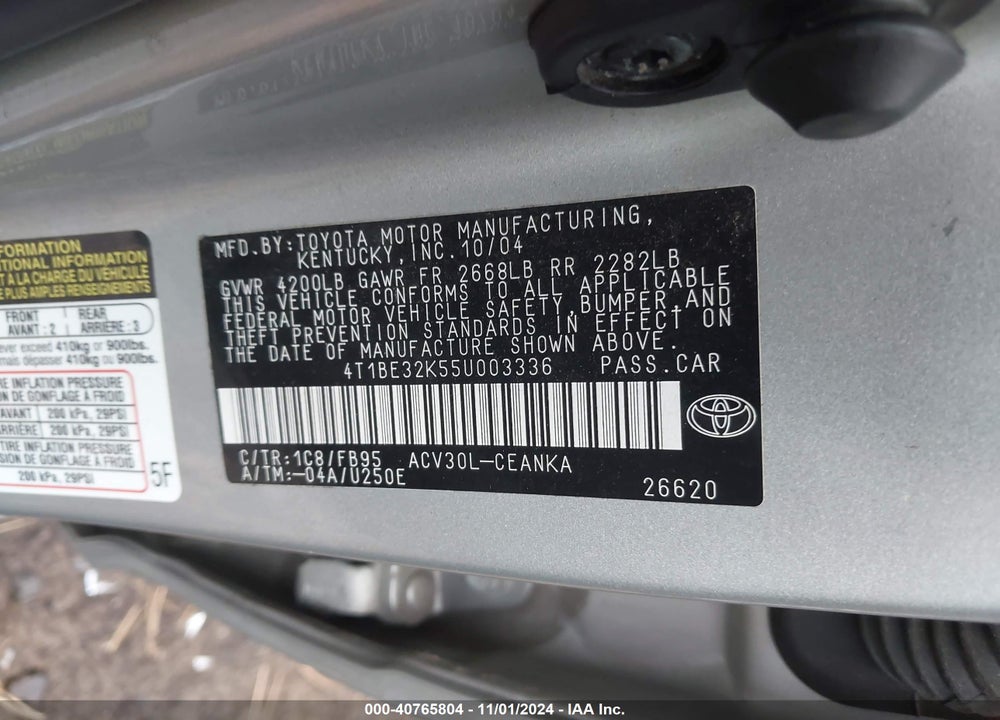 2005 TOYOTA CAMRY LE VIN: 4T1BE32K55U003336