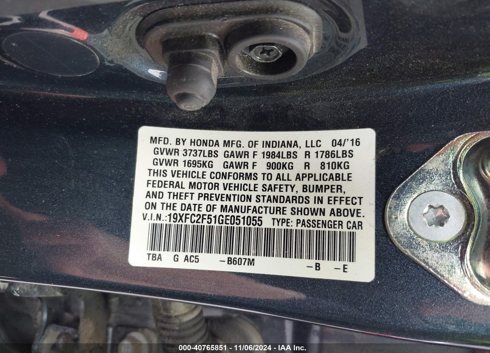2016 HONDA CIVIC VIN: 19XFC2F51GE051055