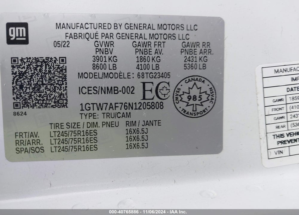 2022 GMC SAVANA CARGO RWD 2500 REGULAR WHEELBASE WORK VAN VIN: 1GTW7AF76N1205808