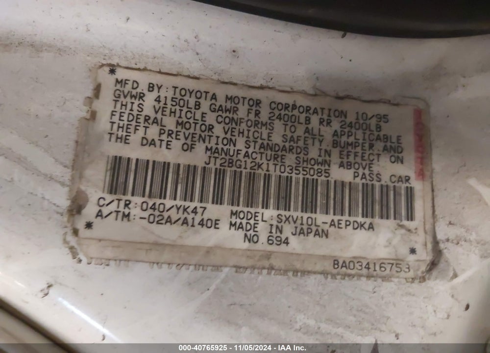 1996 TOYOTA CAMRY DX/LE/XLE VIN: JT2BG12K1T0355085