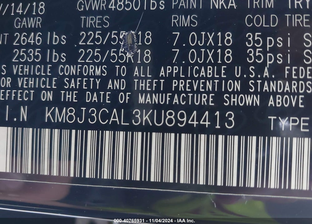 2019 HYUNDAI TUCSON SEL VIN: KM8J3CAL3KU894413