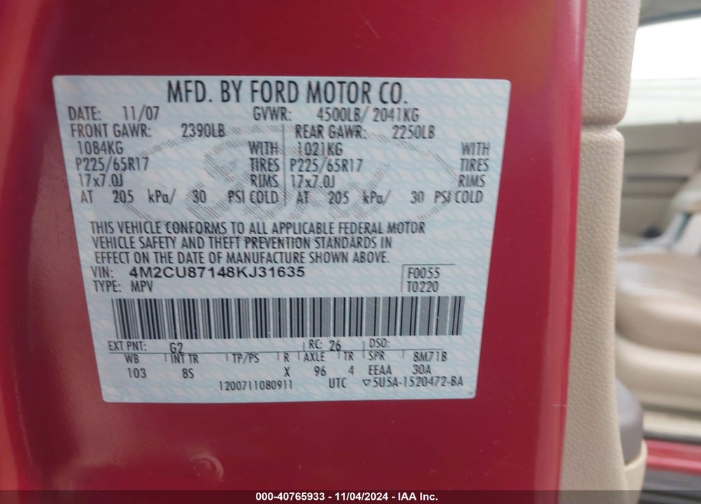 2008 MERCURY MARINER PREMIER VIN: 4M2CU87148KJ31635