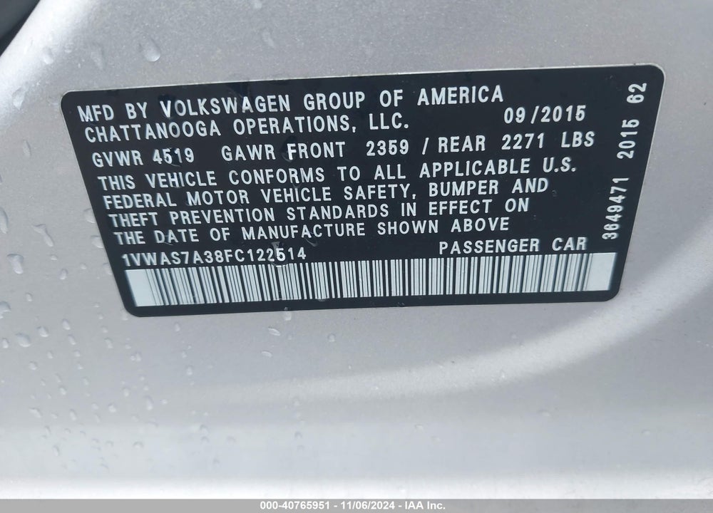 2015 VOLKSWAGEN PASSAT 1.8T LIMITED EDITION VIN: 1VWAS7A38FC122514