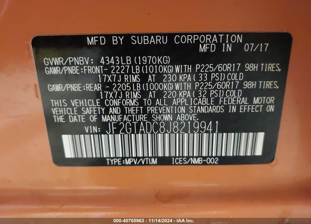 2018 SUBARU CROSSTREK 2.0I PREMIUM VIN: JF2GTADC8J8219941