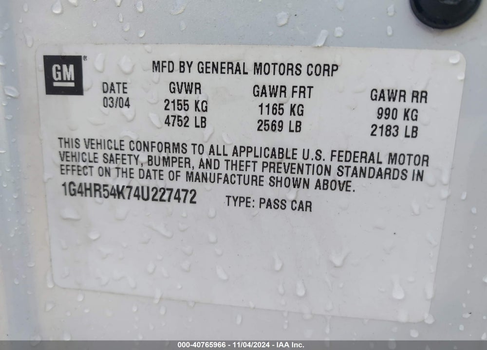 2004 BUICK LESABRE LIMITED VIN: 1G4HR54K74U227472