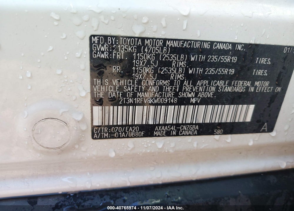 2019 TOYOTA RAV4 LIMITED VIN: 2T3N1RFV8KW009148