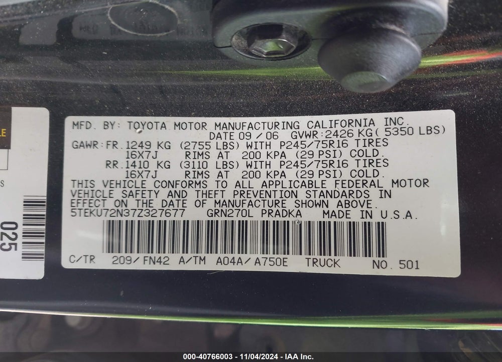 2007 TOYOTA TACOMA PRERUNNER V6 VIN: 5TEKU72N37Z327677