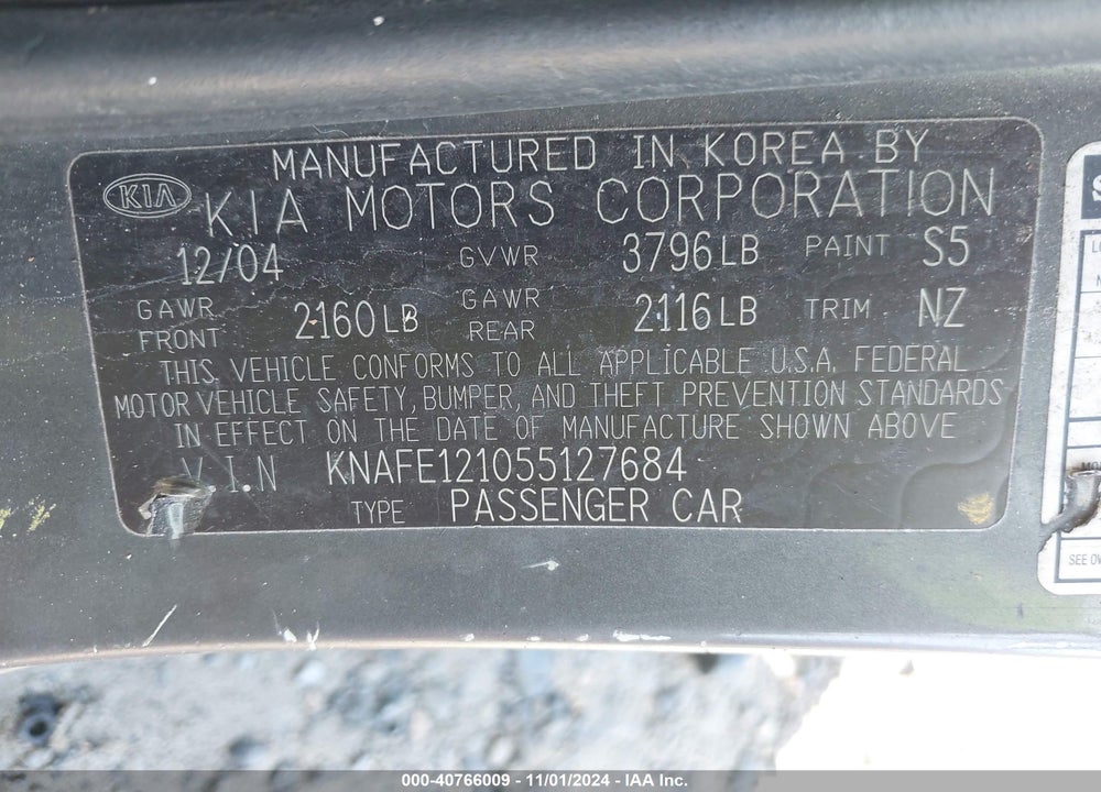 2005 KIA SPECTRA EX/LX/SX VIN: KNAFE121055127684