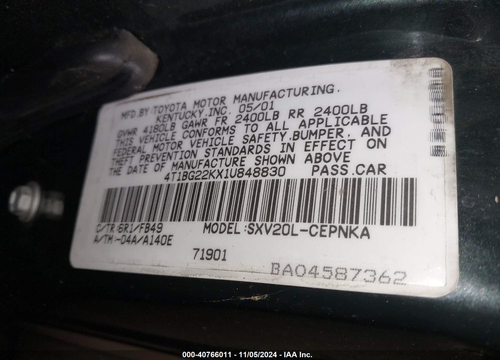 2001 TOYOTA CAMRY LE VIN: 4T1BG22KX1U848830