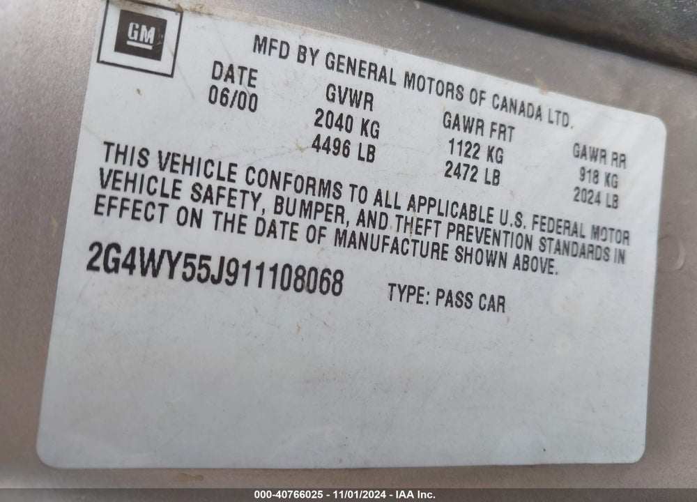 2001 BUICK CENTURY LIMITED VIN: 2G4WY55J911108068