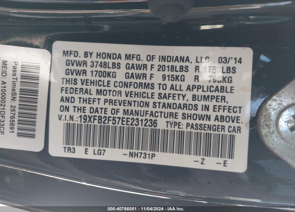 2014 HONDA CIVIC LX VIN: 19XFB2F57EE231236
