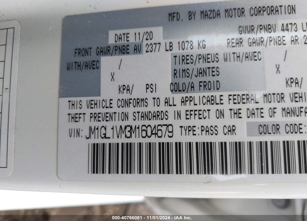 2021 MAZDA 6 TOURING VIN: JM1GL1VM3M1604679