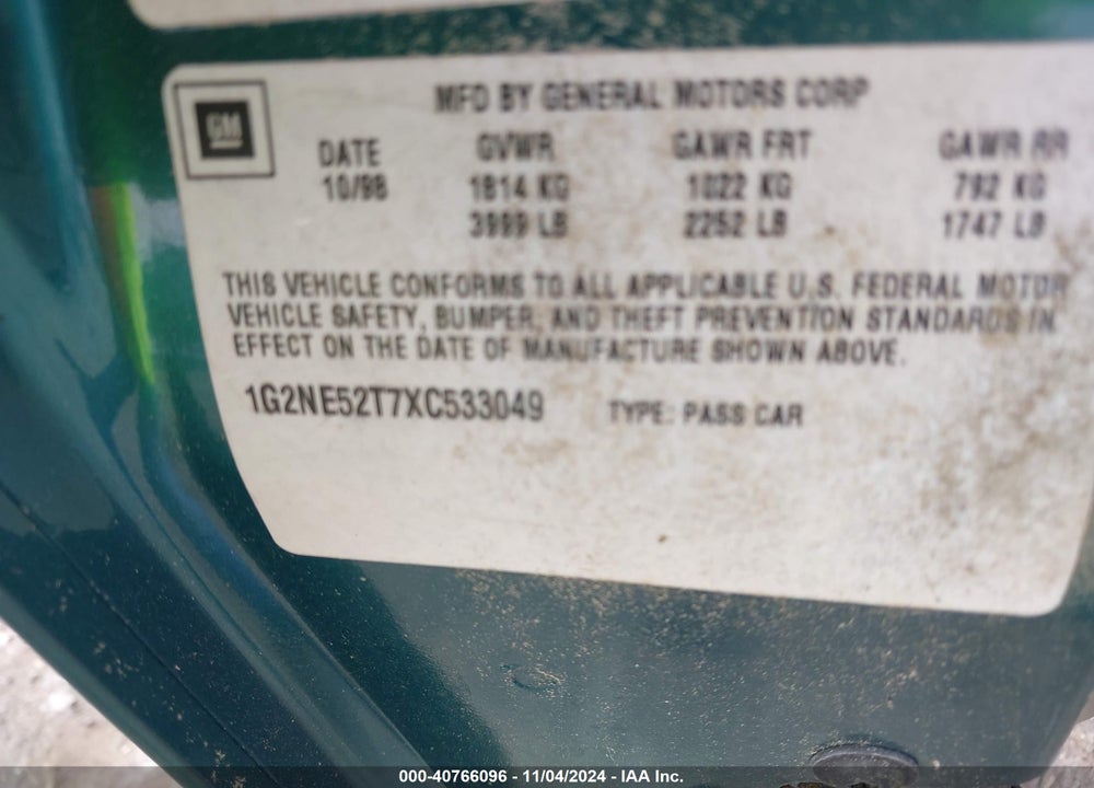 1999 PONTIAC GRAND AM SE1 VIN: 1G2NE52T7XC533049