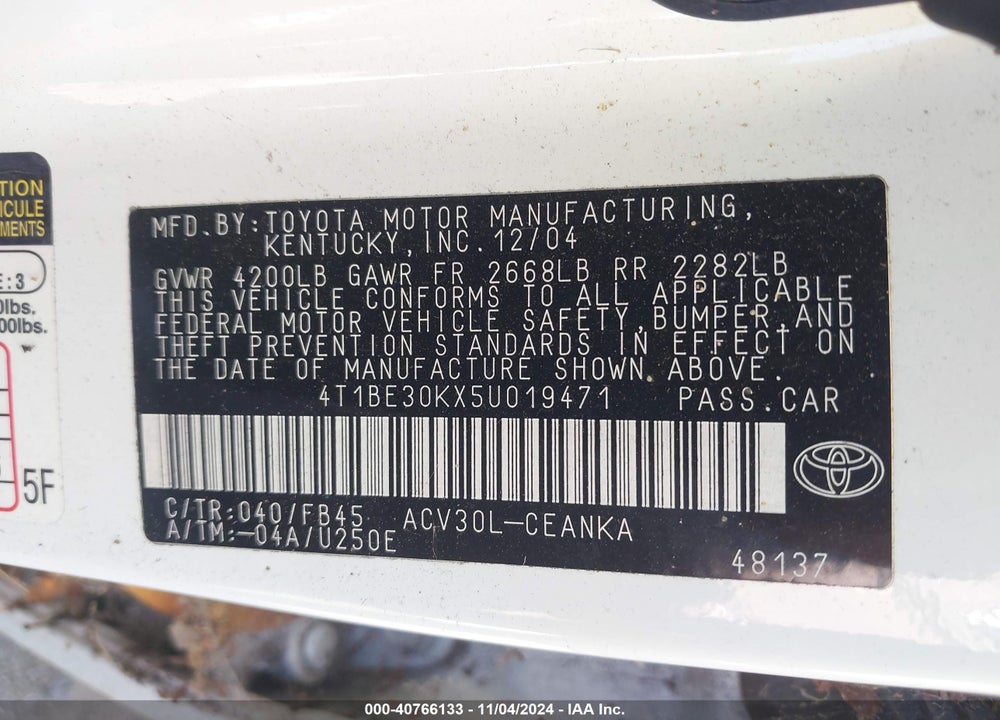 2005 TOYOTA CAMRY LE VIN: 4T1BE30KX5U019471