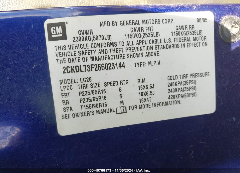 2006 PONTIAC TORRENT VIN: 2CKDL73F266023144