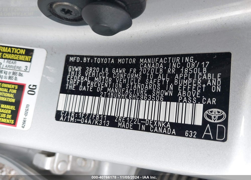 2017 TOYOTA COROLLA LE VIN: 2T1BURHE8HC963506