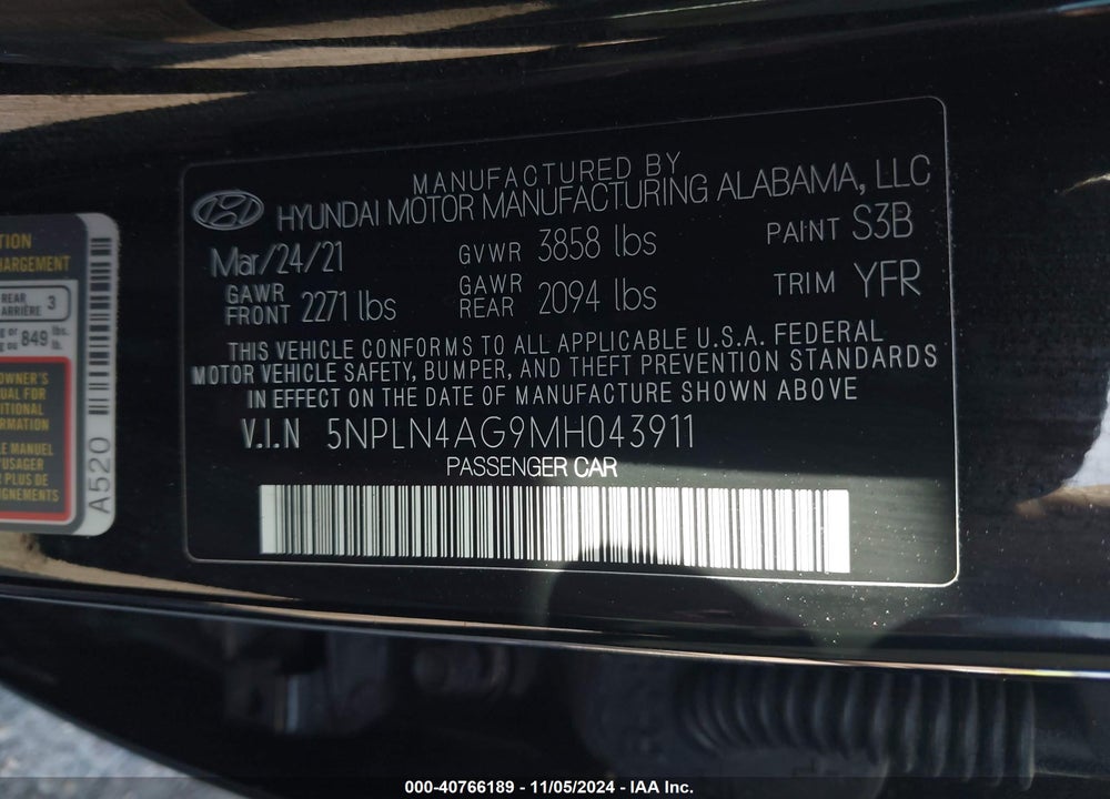 2021 HYUNDAI ELANTRA SEL VIN: 5NPLN4AG9MH043911