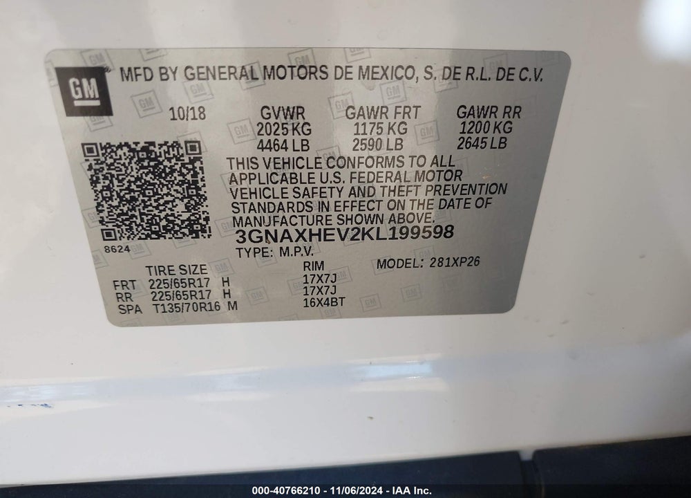 2019 CHEVROLET EQUINOX LS VIN: 3GNAXHEV2KL199598