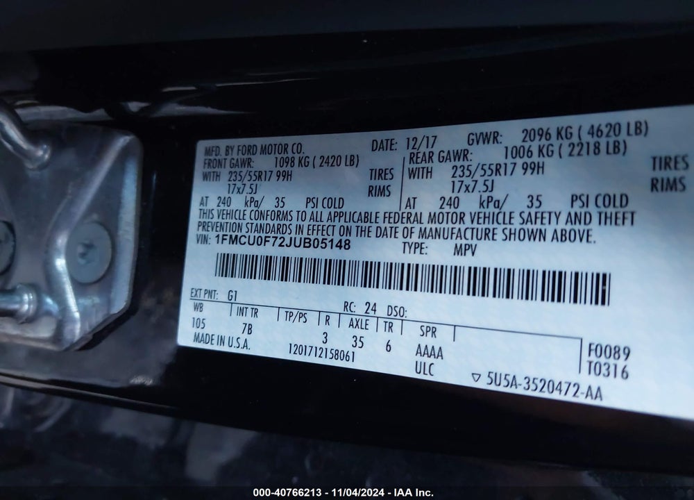 2018 FORD ESCAPE S VIN: 1FMCU0F72JUB05148