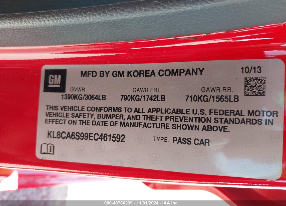2014 CHEVROLET SPARK VIN: KL8CA6S99EC461592