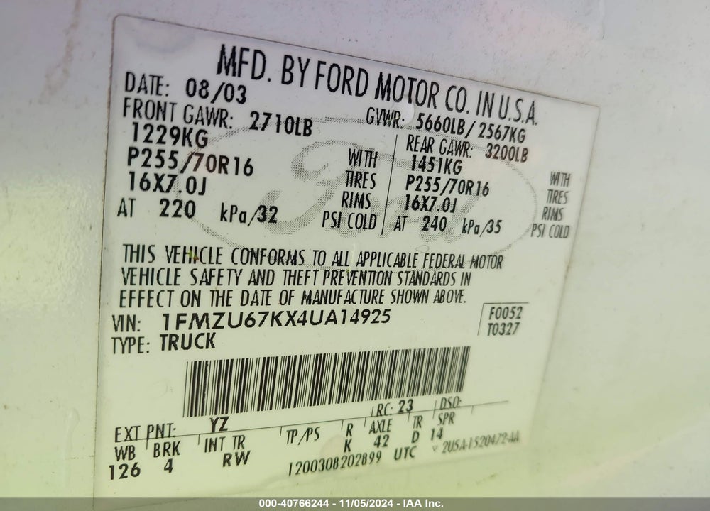 2004 FORD EXPLORER SPORT TRAC ADRENALIN/XLS/XLT/XLT PREMIUM VIN: 1FMZU67KX4UA14925