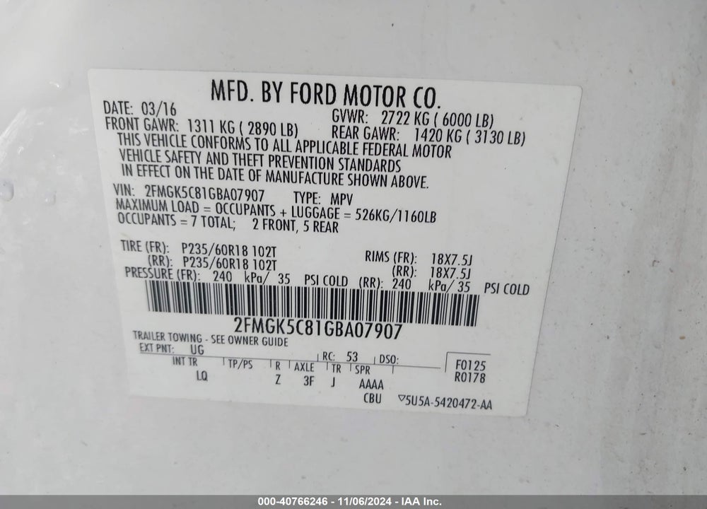 2016 FORD FLEX SEL VIN: 2FMGK5C81GBA07907