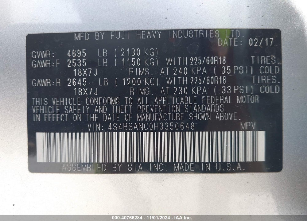 2017 SUBARU OUTBACK 2.5I LIMITED VIN: 4S4BSANC0H3350648