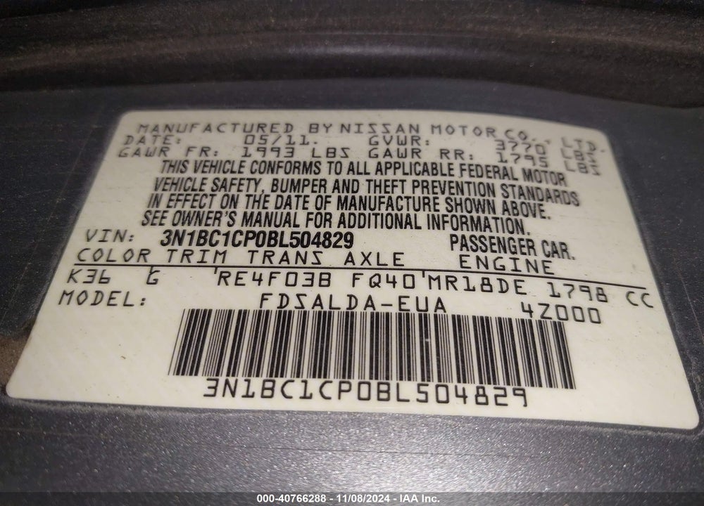 2011 NISSAN VERSA 1.8S VIN: 3N1BC1CP0BL504829