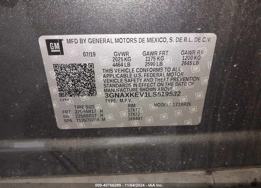2020 CHEVROLET EQUINOX VIN: 3GNAXKEV1LS519532