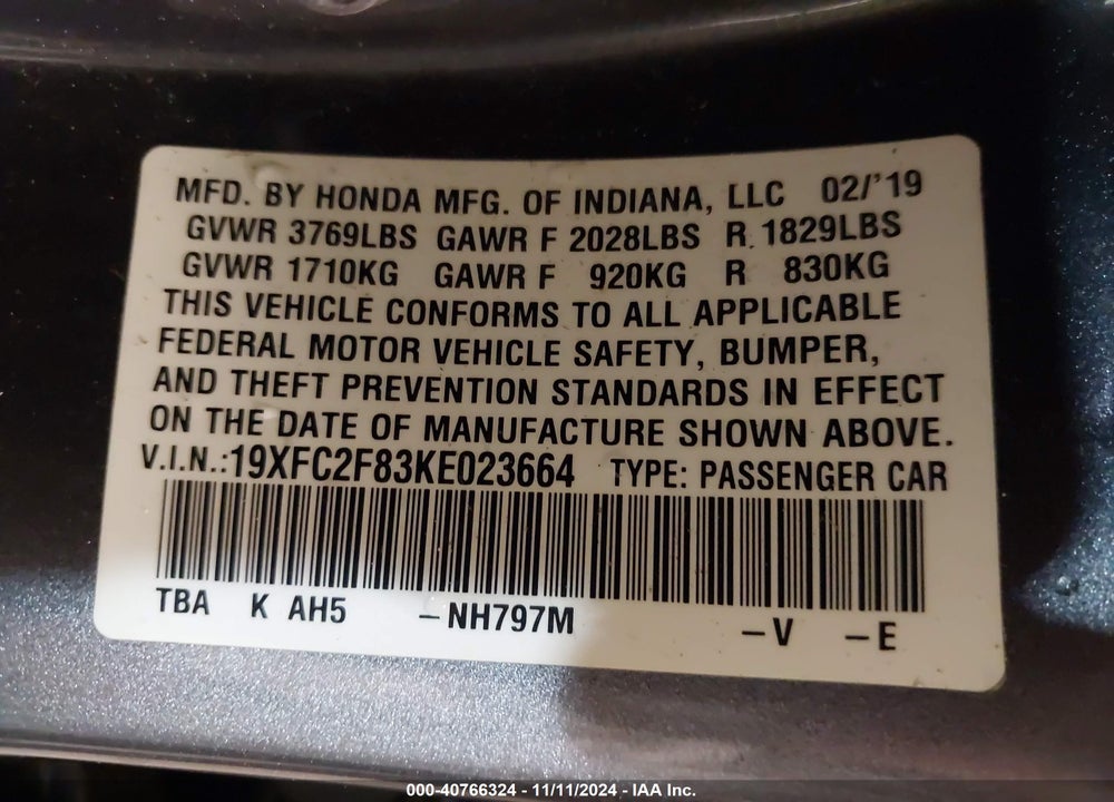 2019 HONDA CIVIC SPORT VIN: 19XFC2F83KE023664