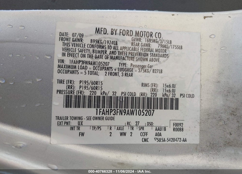 2010 FORD FOCUS SE VIN: 1FAHP3FN9AW105207