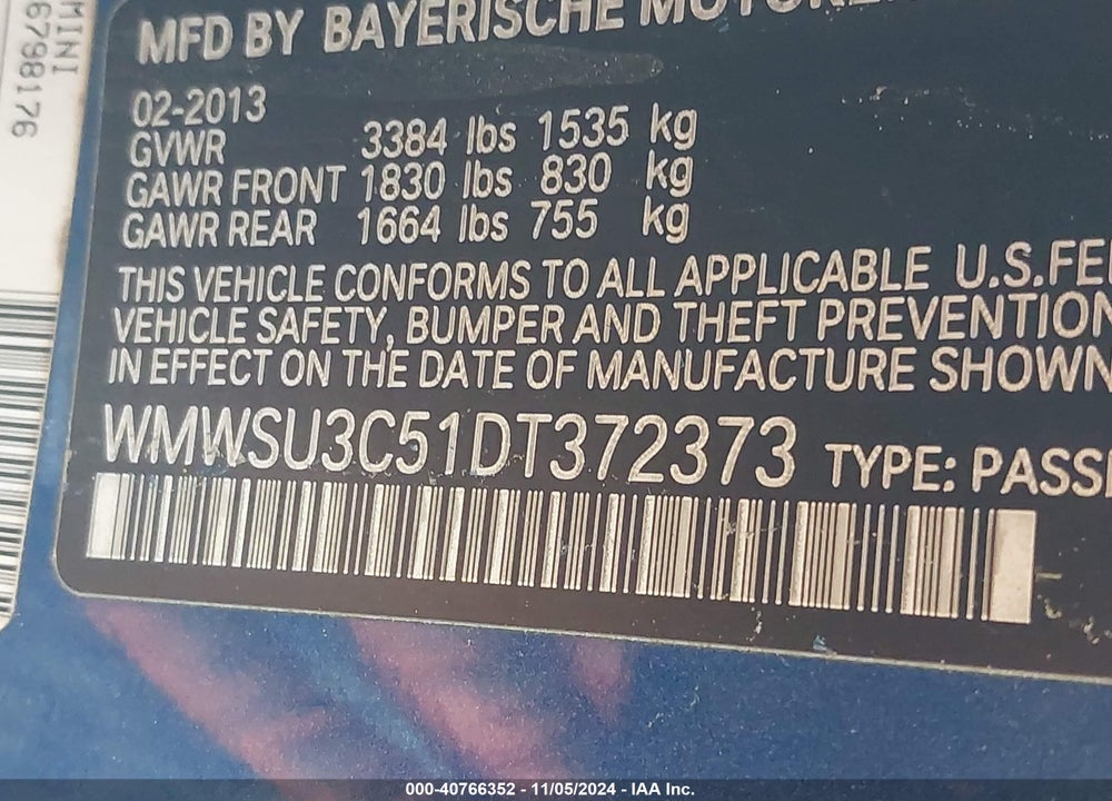 2013 MINI HARDTOP COOPER VIN: WMWSU3C51DT372373