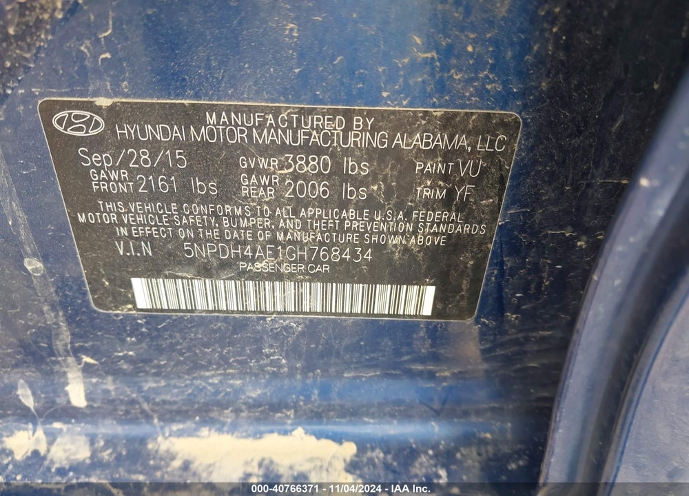 2016 HYUNDAI ELANTRA SE VIN: 5NPDH4AE1GH768434