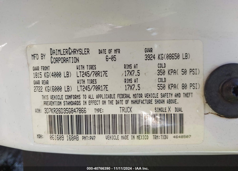 2005 DODGE RAM 2500 ST VIN: 3D7KR26D35G847866