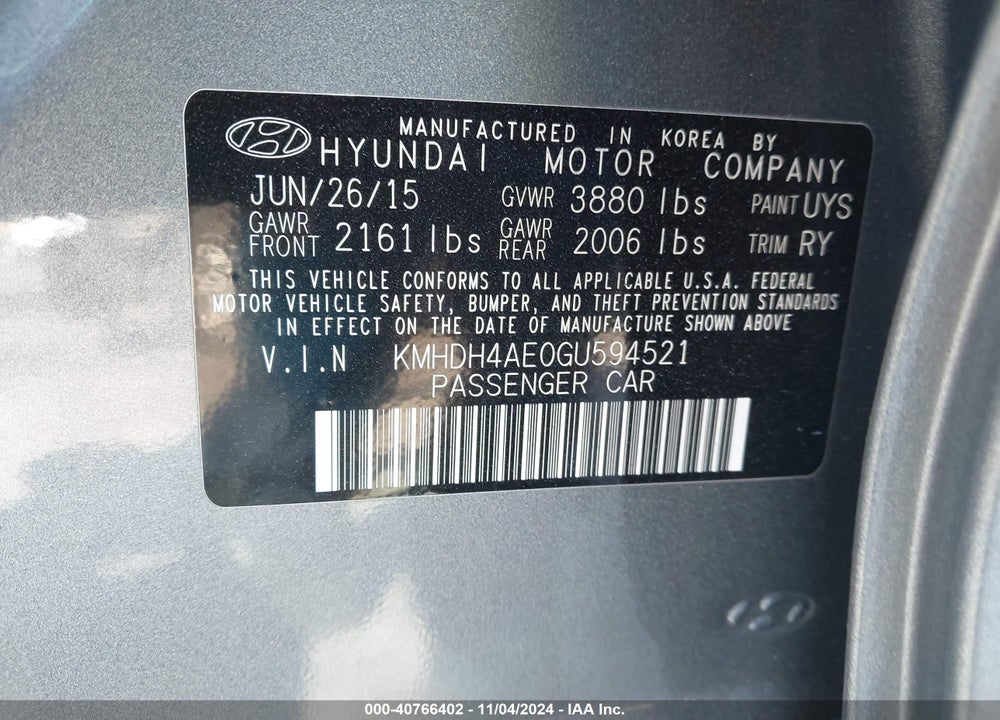 2016 HYUNDAI ELANTRA VALUE EDITION VIN: KMHDH4AE0GU594521