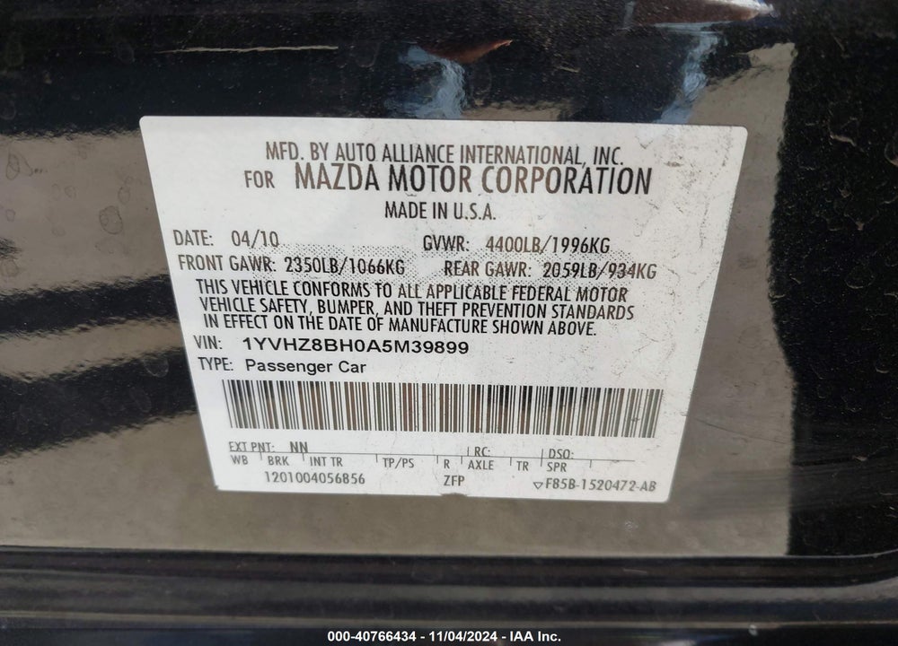 2010 MAZDA 6 I SPORT VIN: 1YVHZ8BH0A5M39899