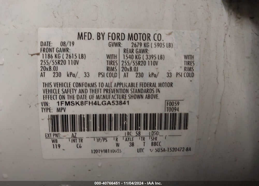 2020 FORD EXPLORER LIMITED VIN: 1FMSK8FH4LGA53841