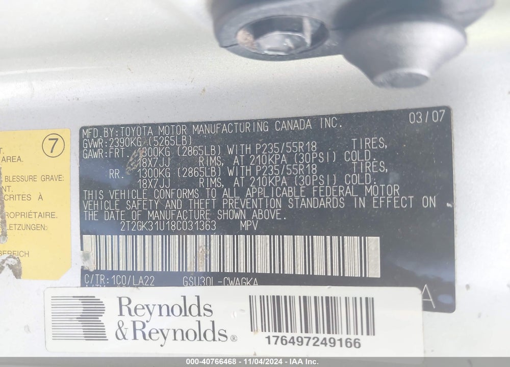 2008 LEXUS RX 350 VIN: 2T2GK31U18C031363
