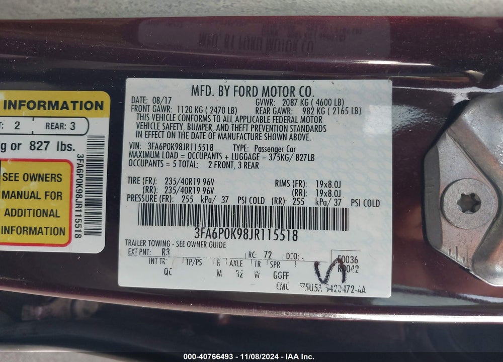 2018 FORD FUSION PLATINUM VIN: 3FA6P0K98JR115518